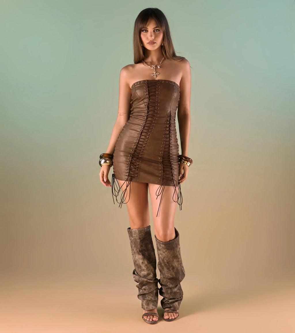 Main Event Energy Faux Leather Mini Dress