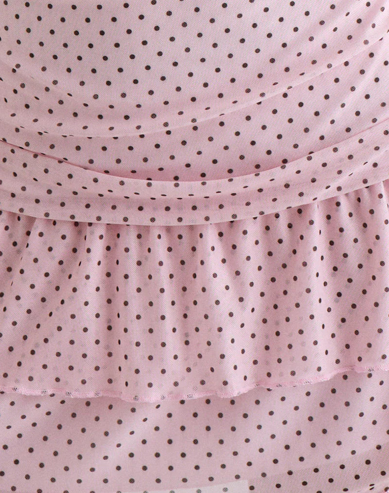 Mowgli Cap Sleeve Mini Dress in Baby Pink with Micro Polka Black