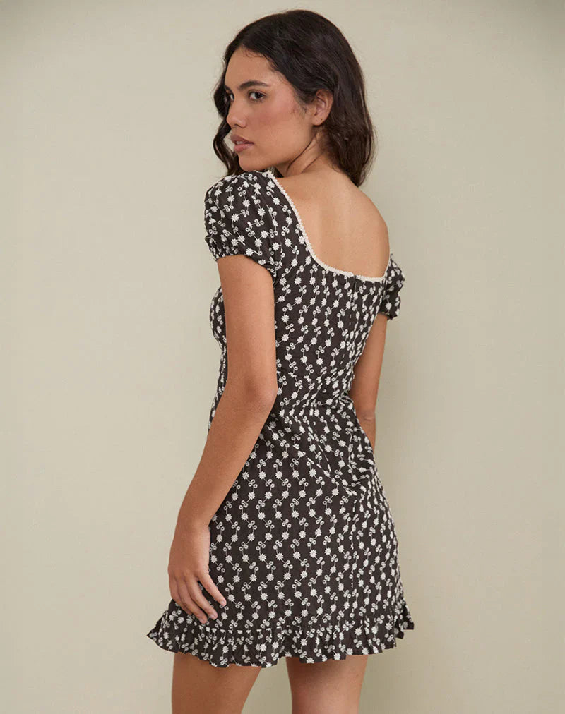 Bella Mini Tea Dress in Floral Broderie Brown