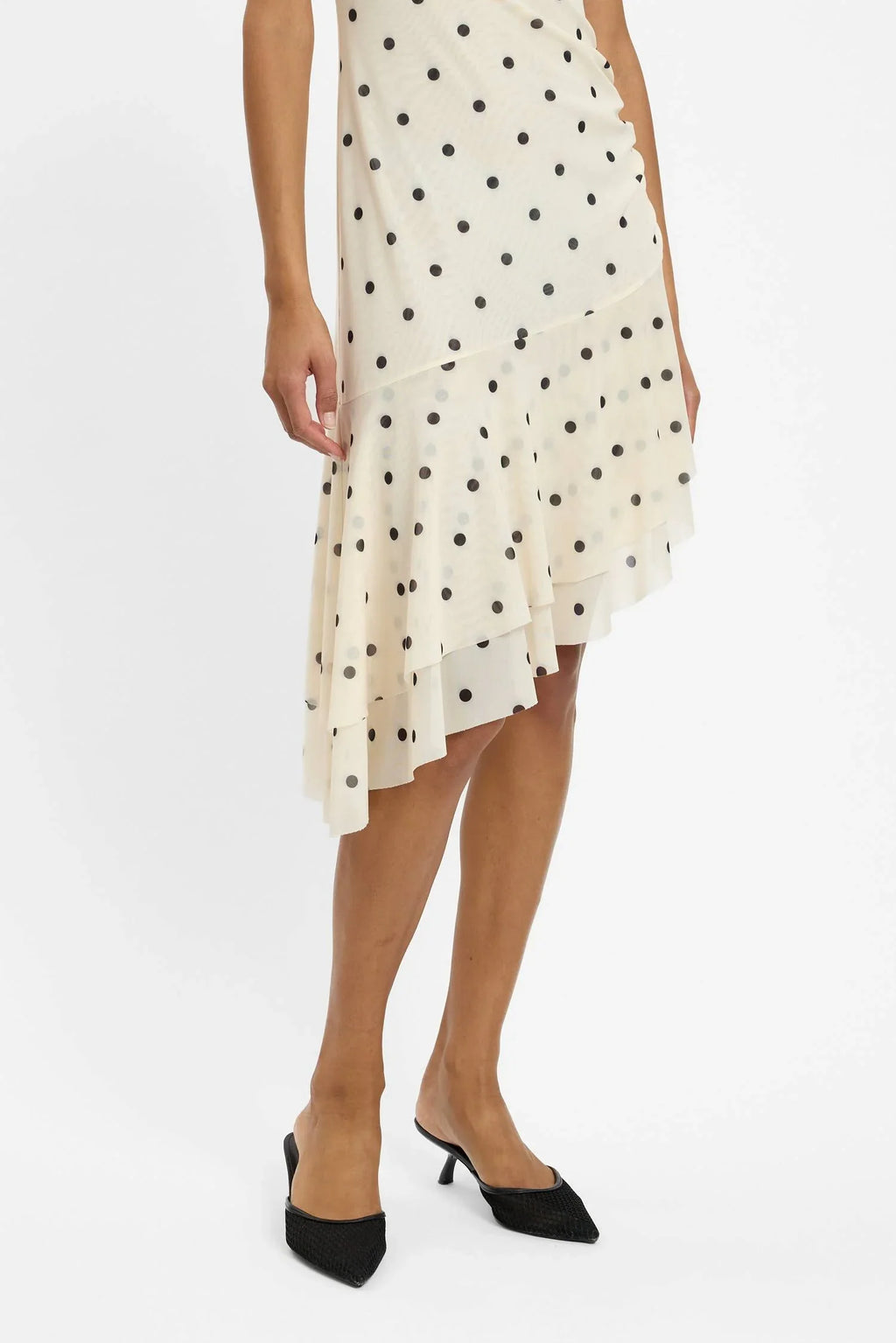 Asymmetric Frill Midi Dress | Ivory Polka