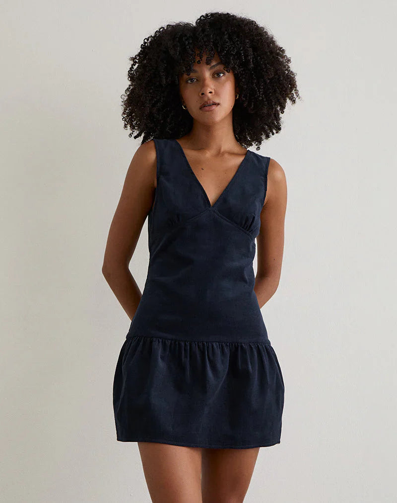 Sarabi Plunge Mini Dress in Cord Navy