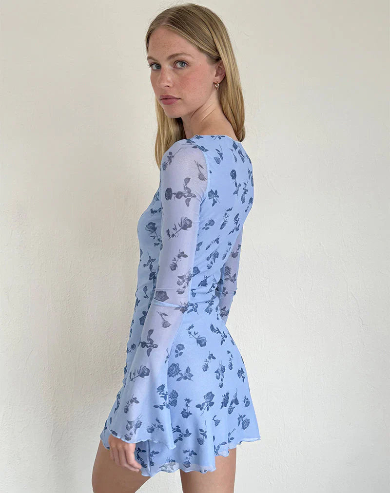 Sevila Long Sleeve Mini Dress in Inky Blue Floral Mesh