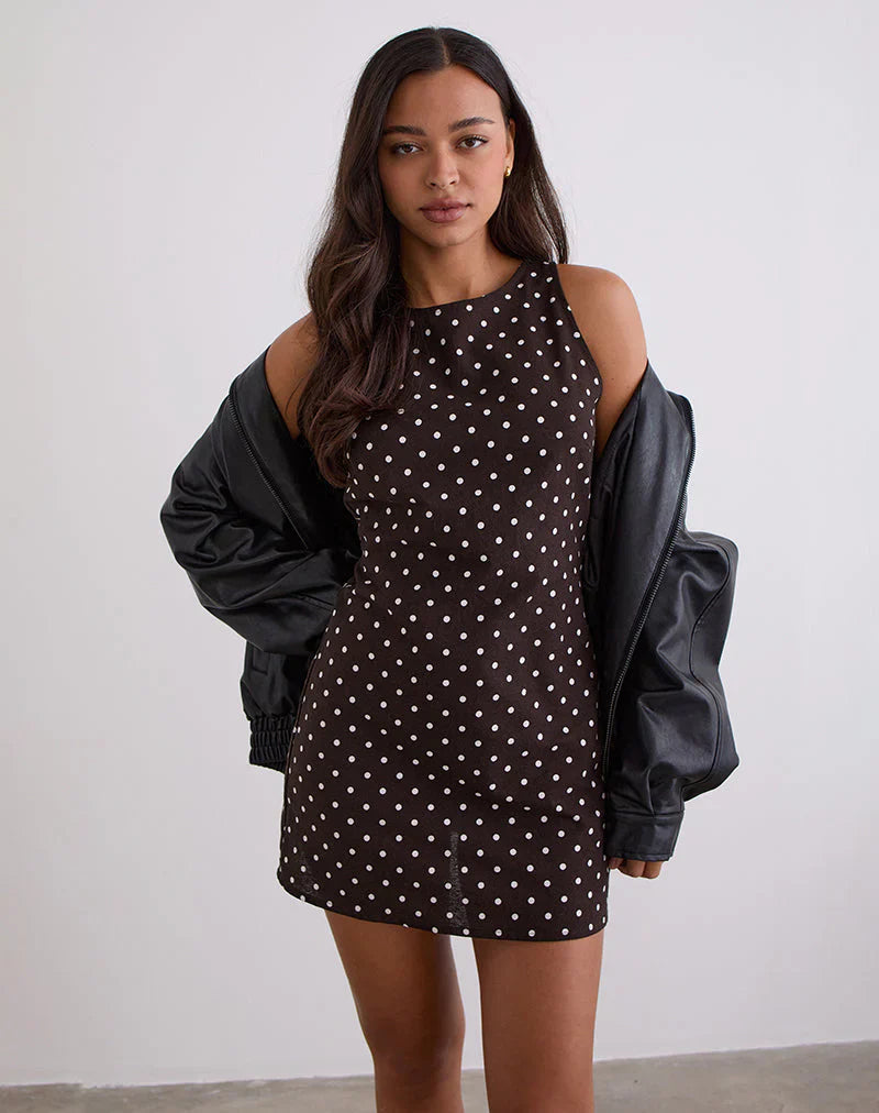 Ayana Open Back Mini Dress in Medium Polka Brown