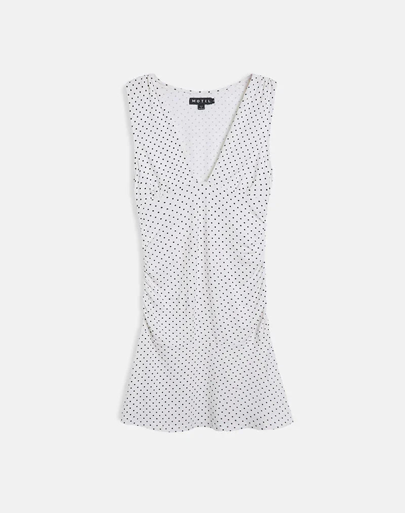 Luscian Plunge Mini Dress in White with Micro Polka Black