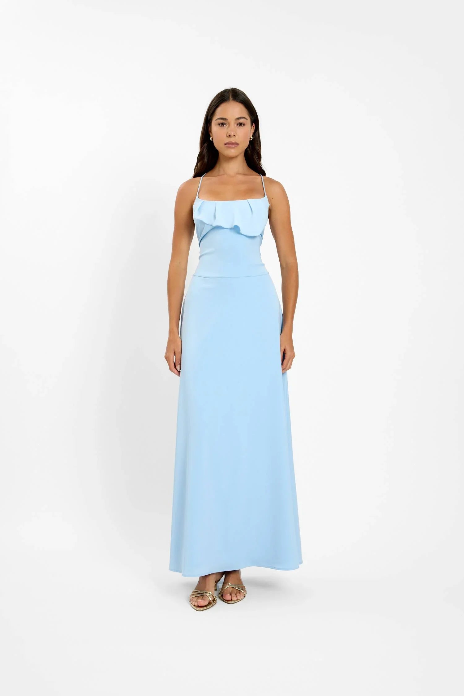 Pre-order: Frill Backless Maxi Dress | Baby Blue Satin